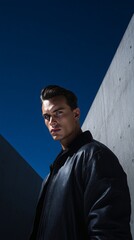 Stylish Male Model in Black Jacket Posing Against Urban Concrete Background
