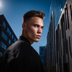 Confident Male Hair Model Posing Stylishly in Urban Setting During Daylight