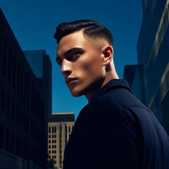 Young Male Model with Meticulous Hair in Urban Setting at Dusk