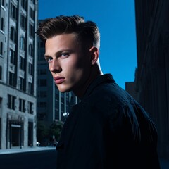 Young Male Hair Model in a Stylish City Night Fashion Shoot