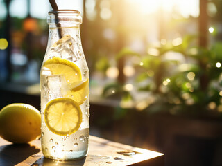 cool fresh lemonade in a bottle on a sunny day