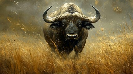 Naklejka premium Close Up of a Buffalo Standing in a Field of Grass in Nature