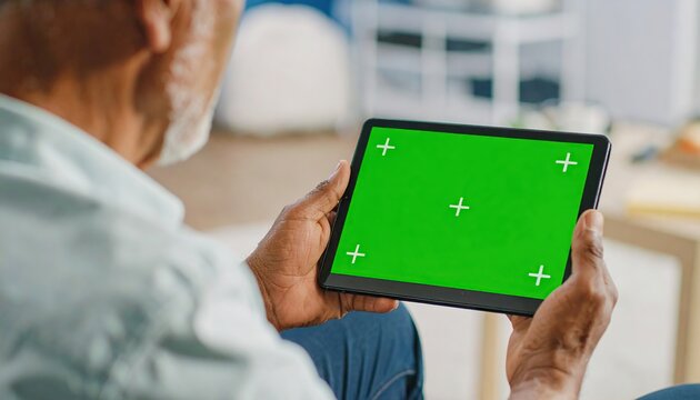 Senior man using tablet with green screen (1)