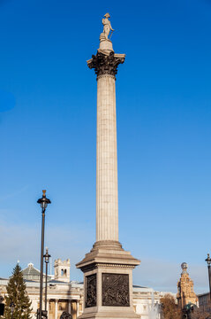Nelson&rsquo;s Column monument in Trafalgar Square London England UK which was erected to celebrate Horatio Nelson's victory at Trafalgar over Napoleon in 1805, history stock photo image