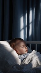 Peaceful Baby Sleeping in Cozy Bed with Gentle Sunlight and Curtains