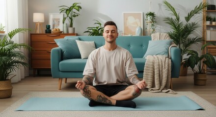 Relaxed tattooed man meditating on a yoga mat in cozy home interior, perfect for illustrating mindfulness, self-care, relaxation, wellness, modern lifestyle and mental health concepts