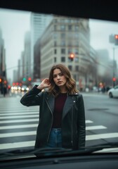 Young stylish woman posing on a foggy city street at a crosswalk, perfect for illustrating urban fashion, modern lifestyle, confidence and street photography concepts