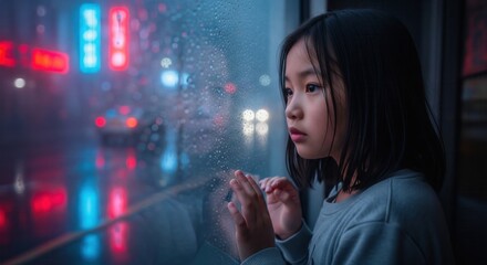 Thoughtful little girl looking through a rainy window at night city lights, perfect for illustrating childhood emotions, urban solitude, dreamy mood and storytelling concepts