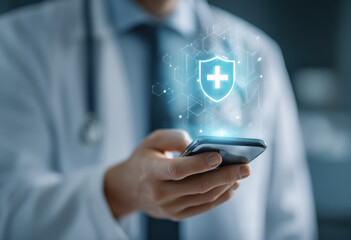 Manos de Médico  con bata blanca y estetoscopio que usa un teléfono inteligente con  holograma de cruz medica. concepto de seguro médico digital