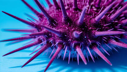 Vibrant Purple Sea Urchin with Spikes on Blue Background