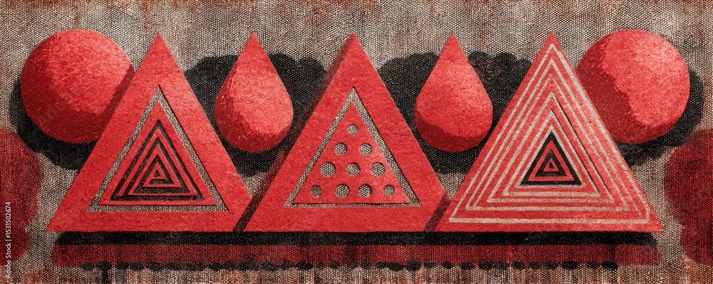 Poster abstract geometric pattern with red triangles and circles in textured design