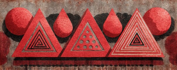 Abstract geometric pattern with red triangles and circles in textured design