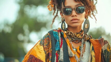 Obraz premium Attractive Young Woman in Stylish Outfit Posing with Sunglasses and Ethnic Jewelry