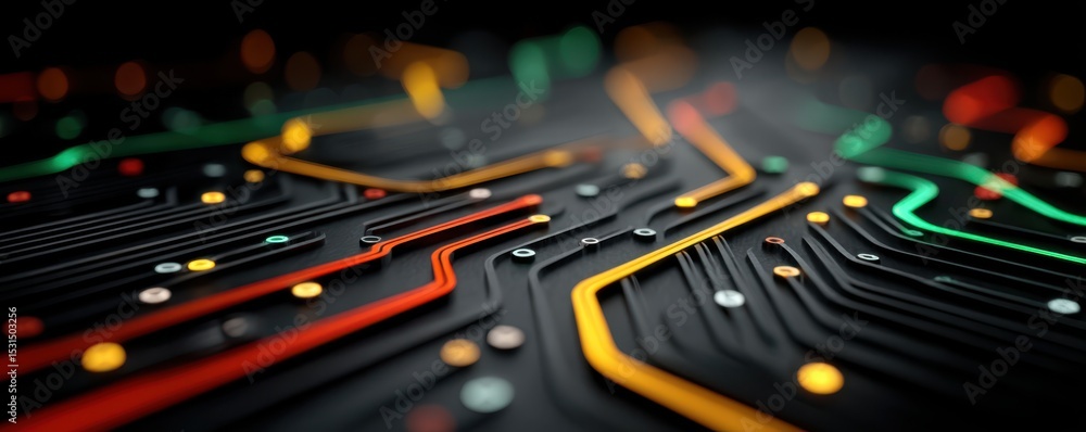 Poster colorful illuminated circuit board pattern with intricate design details