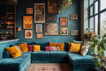 Eclectic Design. Cozy Velvet Corner Sofa in Beautifully Decorated Living Room