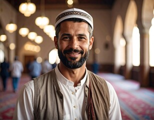 Smiling Muslim man in mosque.