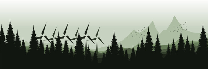 Wind turbines in a forested mountain landscape – renewable energy concept vector illustration good for wallpaper design, design template, background template, and tourism design template