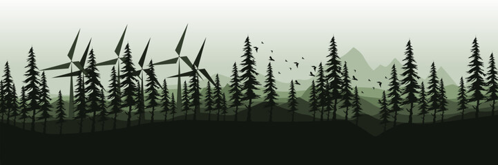 Wind turbines in a forested mountain landscape – renewable energy concept vector illustration good for wallpaper design, design template, background template, and tourism design template
