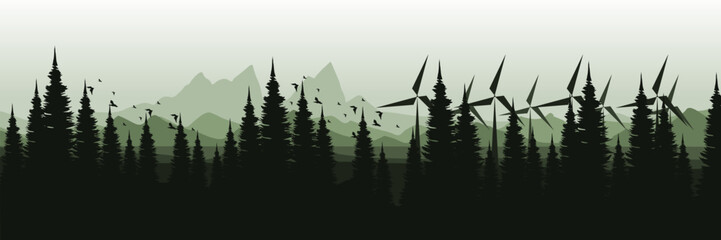 Wind turbines in a forested mountain landscape – renewable energy concept vector illustration good for wallpaper design, design template, background template, and tourism design template