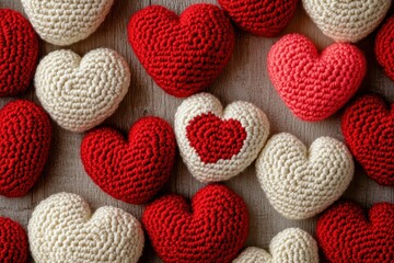 Crochet Love. Valentine's Day Concept with Hand-Made Crochet Hearts Decoration