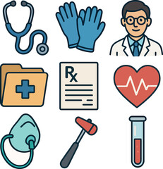 Medical line icon suite featuring stethoscope, protective gloves, doctor avatar, prescription sheet, heart pulse, medical folder, oxygen mask, reflex hammer, and test-tube vial.