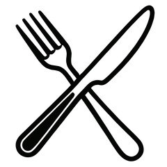 Black and White Crossed Fork and Knife Icon for Restaurant or Dining