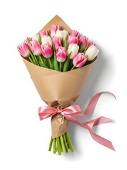 Bouquet of Pink and White Tulips Wrapped in Kraft Paper Isolated on White Background