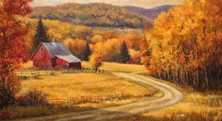 Colors Fall Drive. Brilliant Autumn Colors in Vermont Countryside Farm near Woodstock