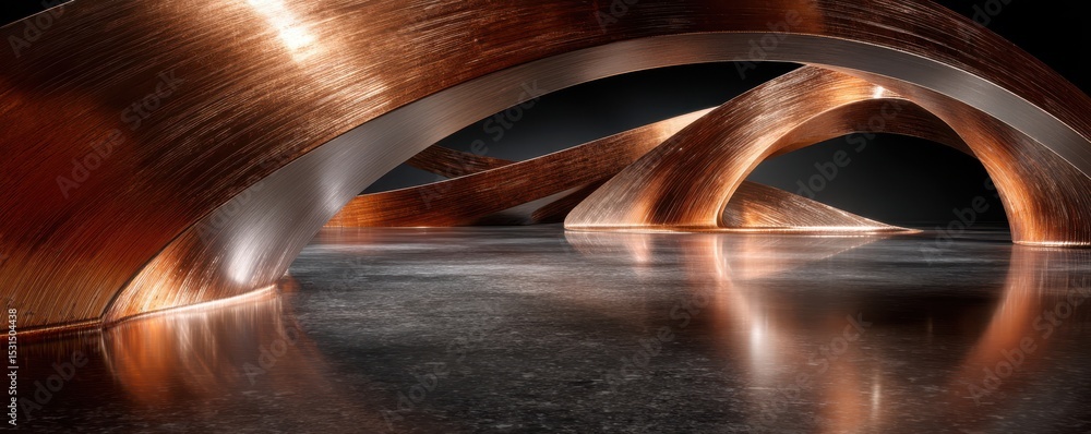 Poster abstract curved copper structure with reflections on a dark reflective surface