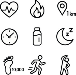 Bold solid icon set for fitness and self-care featuring heartbeat, meditation, yoga mat, dumbbell, apple, mindfulness, scale, vitamins, and hydration drop symbols.