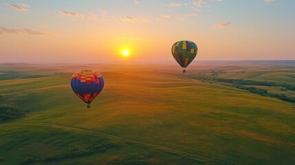 Fototapeta premium Two Hot Air Balloons Soaring Over a Golden Sunrise Field