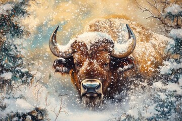 Christmas Buffalo. Bison in Snowy Yellowstone Winter Landscape