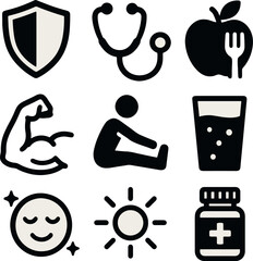  Linear sports interface icon set with heart monitor, zero-calorie flame, distance badge, play control, hydration level, sleep tracker, step counter, running silhouette, and yoga stretch figures.
