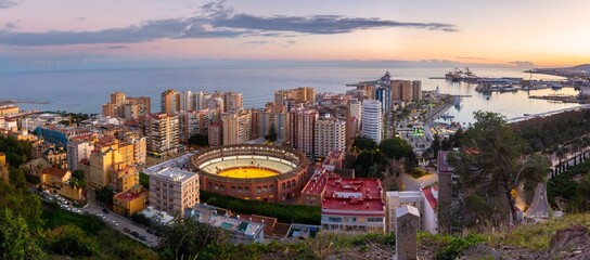 Mirador de la Coracha Viewpoint,  Aerial Costa del Sol Sunset Panorama.  Gibralfaro Castle Hike, Malaga Spain