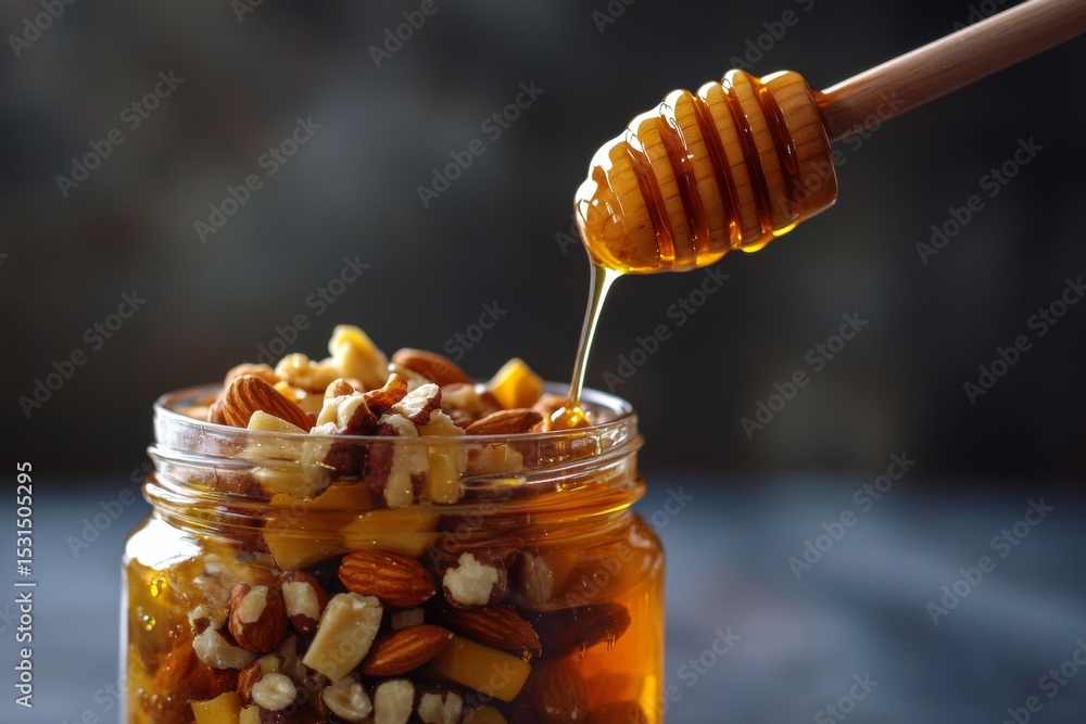 Poster golden honey drips from a wooden dipper into a jar filled with a variety of nuts, creating an entici