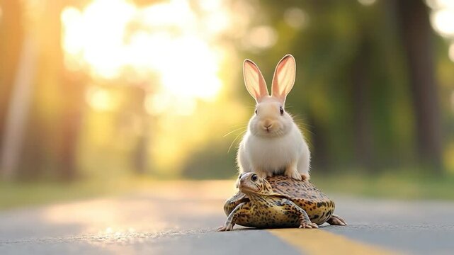 Rabbit ride on turtle back in sunlight outdoor wildlife adventure