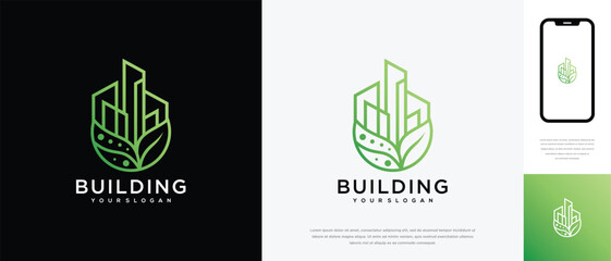 Nature real estate building logo design. Nature building house and leaf logo icon made with lines