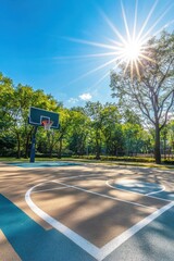 Basketball Court Park. Empty Street Basketball Court in the Park on Sunny Summer Day