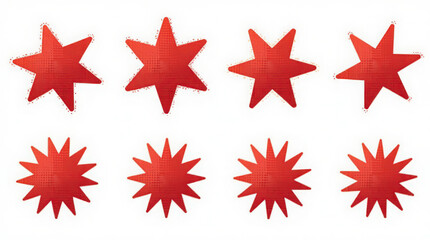  Set of red starburst with grunge retro texture. Sticker kit collection for price, sale, discount. Modern star burst for promotional, ad. Vector illustration isolated on white background
