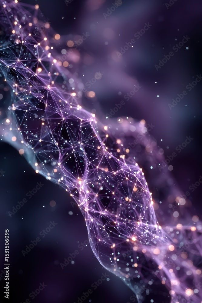 Poster abstract digital network with glowing nodes and connected violet polygons