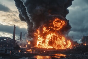A significant explosion at a factory generates immense flames and thick black smoke, creating a chaotic and dangerous atmosphere in the industrial area. Dark clouds loom above