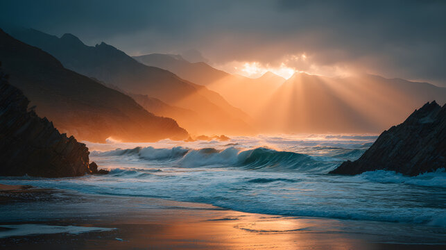 Dramatic Sunset Over Coastal Mountains and Ocean