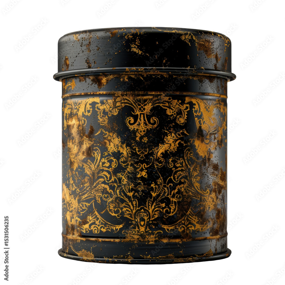 Poster vintage metal container with distressed surface, featuring intricate golden floral patterns against 