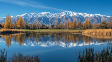 Autumn Lake Reflecting Snow Capped Mountains