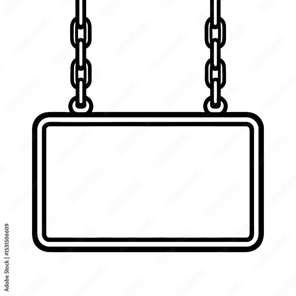 Poster simple black and white outline hanging sign board with chains vector icon - customizable template fo