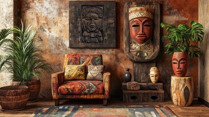 African Furniture. Vintage Living Room with Ethnic Armchair in Retro Style