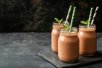 Three glass jars filled with fresh smoothies are presented alongside eco-friendly straws. These nutritious drinks embody the vibrant and healthy lifestyle with a modern aesthetic