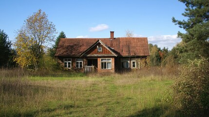 A Run Down House. Abandoned Bungalow Surrounded by Weathered Wood and Grass