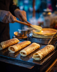 Cr&ecirc;pes being prepared at a vibrant street food stall during Bastille Day celebrations in Paris, highlighting French culinary culture and street food traditions