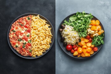 On one plate, a processed food meal features pasta and sauce, while the other showcases a vibrant fresh dish with vegetables, grains, and nuts for a healthier option